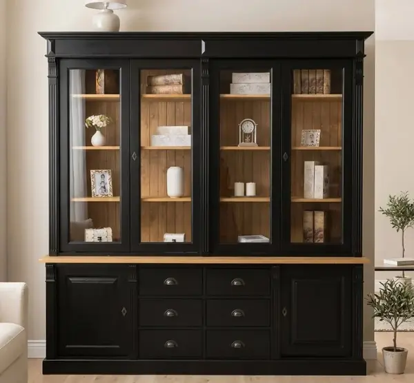 Biblioteca cu 2 usi, 6 sertare BAS + 4 usi sticla SUP, Colectia Directoire cu finisaj Dublu color