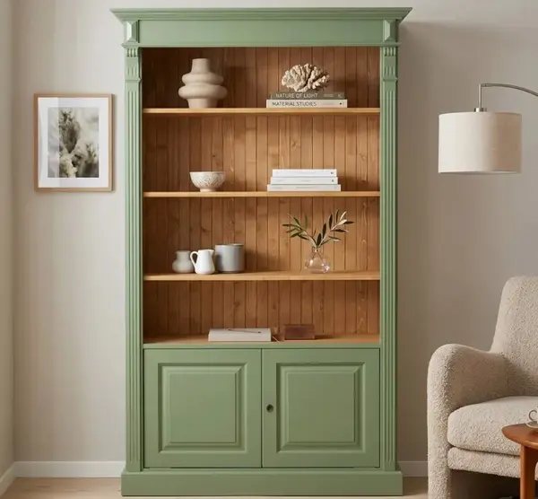 Biblioteca cu 2 usi, etajera deschisa, Colectia Directoire cu finisaj Olive Drab / Light Walnut Waxed