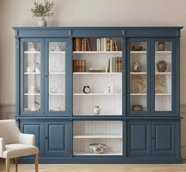 Biblioteca cu 4 usi, 1 polita BAS + 4 usi sticla, 3 polite deschise SUP, Colectia Directoire cu finisaj Greenish Blue / White