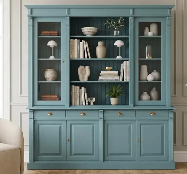 Biblioteca cu 4 usi, 4 sertare BAS + 2 usi sticla, etajera deschisa SUP, Colectia Directoire cu finisaj Dusty Blue