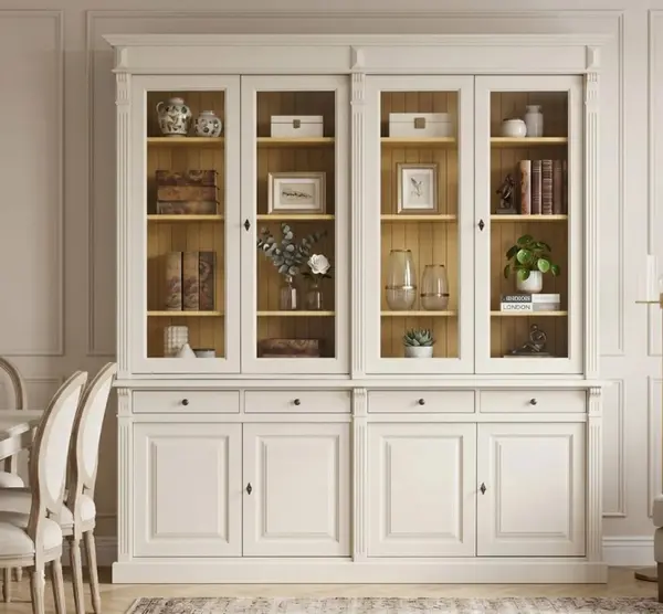 Biblioteca cu 4 usi, 4 sertare BAS + 4 usi sticla SUP, Colectia Directoire cu finisaj Light Greige / Sand Yellow