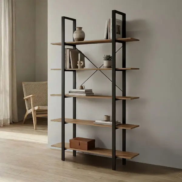 Bibliotecă cu rafturi Loftie, Stil Industrial, Metal Negru și Lemn, Sonoma, 126x28x165 cm