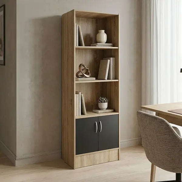 Bibliotecă cu rafturi Tekaro , Modern, Sonoma-Antracit, Lemn, 57x33x180 cm
