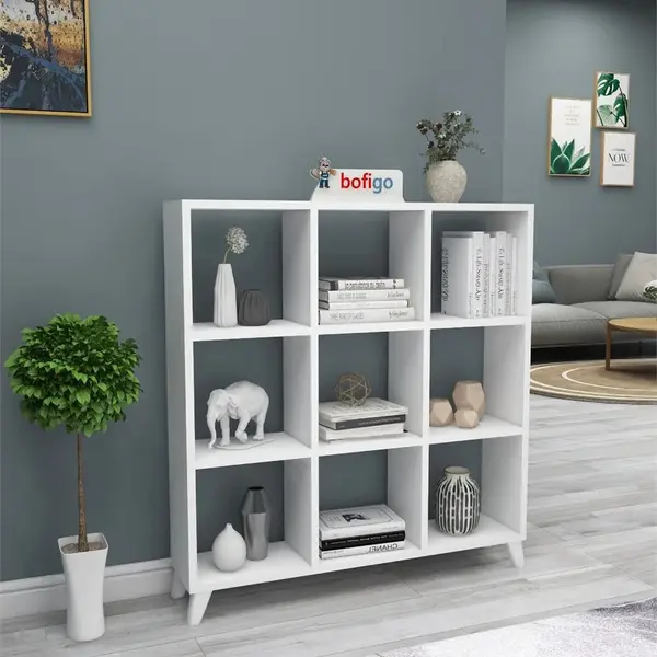Biblioteca Cub cu 9 compartimente si rafturi, etajera carti 100.3 x 88.4 x 19.8 cm, cutii organizatoare design geometric modern, PAL melaminat 18 mm clasa E1, asezabila vertical sau orizontal ca bancuta, stil scandinav