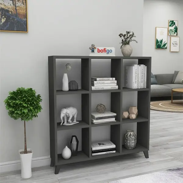 Biblioteca Cub cu 9 compartimente si rafturi, etajera carti 100.3 x 88.4 x 19.8 cm, cutii organizatoare design geometric modern, PAL melaminat 18 mm clasa E1, asezabila vertical sau orizontal ca bancuta, stil scandinav