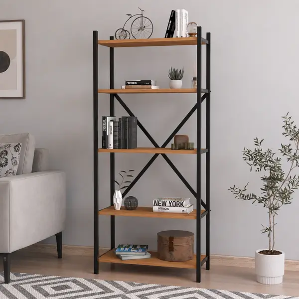 Biblioteca decorativa din PAL si metal 63x29,5x145,6 cm, cu 5 rafturi, pentru carti si accesorii