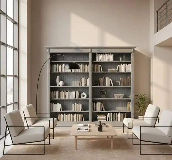 Bibliotecă deschisă din lemn masiv, cu spate tip lambriu cu finisaj Vopsit