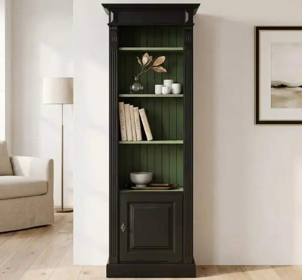 Biblioteca ingusta cu 1 usa, etajera deschisa, Colectia Directoire cu finisaj Black / Olive Drab