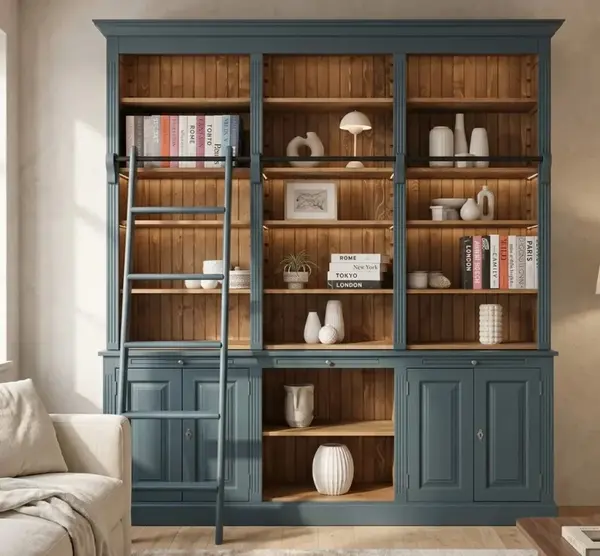 Biblioteca mare cu 4 usi, 1 polita BAS + etajera tripla SUP cu finisaj Greenish Blue / Walnut waxed