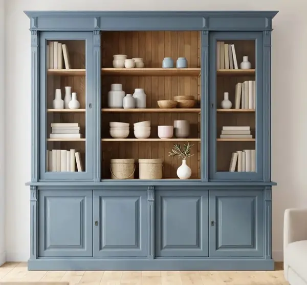 Biblioteca mare cu 4 usi BAS + 2 usi sticla, etajera deschisa SUP, Colectia Directoire cu finisaj Dublu color