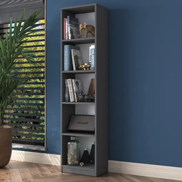 Biblioteca Mavis cu 5 Rafturi, Gri - Alb, 40x162x25 cm