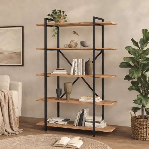 Biblioteca moderna din PAL si metal 90x29,7x159,6 cm, cu 5 rafturi, pentru carti si decoratiuni