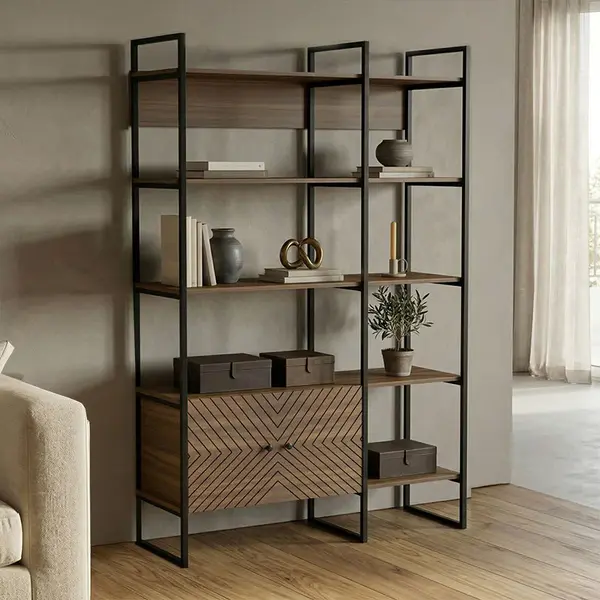 Bibliotecă modernă Rhombo, cu rafturi elegante, finisaj, nuc-negru, 120x35x180 cm
