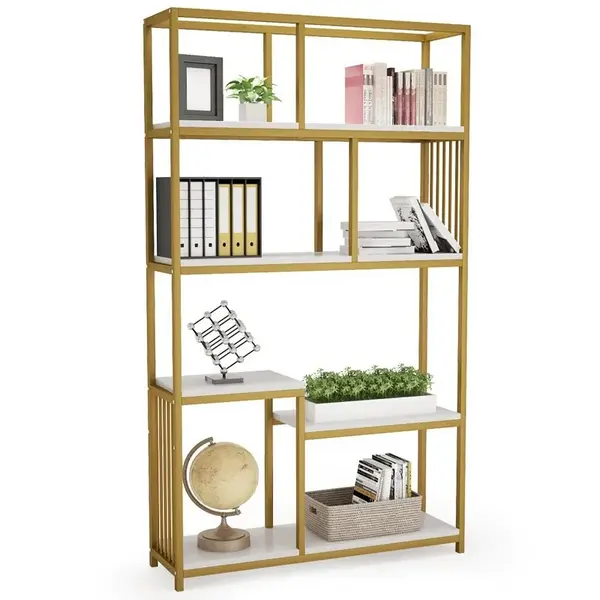 Biblioteca raft Denver, Pako World, Metal, Auriu, Aspect marmura alba, 100x30x180 cm