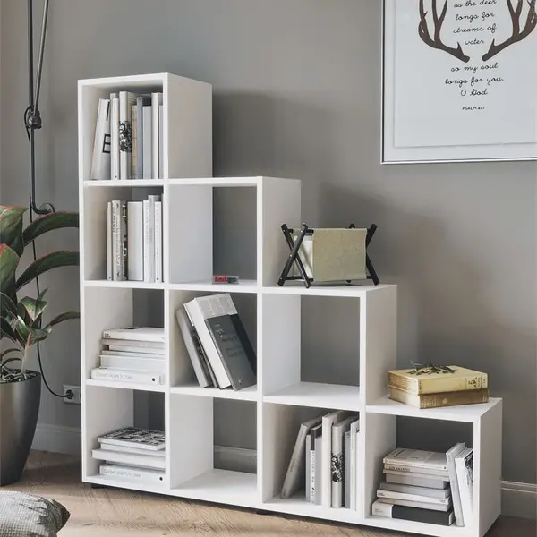 Biblioteca scara cu 10 rafturi, etajera carti 29 x 140.7 x 138.2 cm capacitate uriasa, doua laturi simetrice aerate, PAL melaminat 18 mm clasa E1 rezistent, stil scandinav modern ideal birou living sau studio