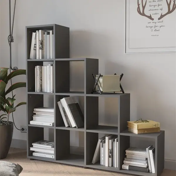 Biblioteca scara cu 10 rafturi, etajera carti 29 x 140.7 x 138.2 cm capacitate uriasa, doua laturi simetrice aerate, PAL melaminat 18 mm clasa E1 rezistent, stil scandinav modern ideal birou living sau studio
