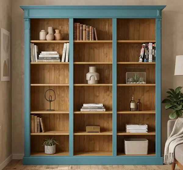 Biblioteca tripla, Colectia Directoire cu finisaj Dusty Blue / Light Walnut Waxed