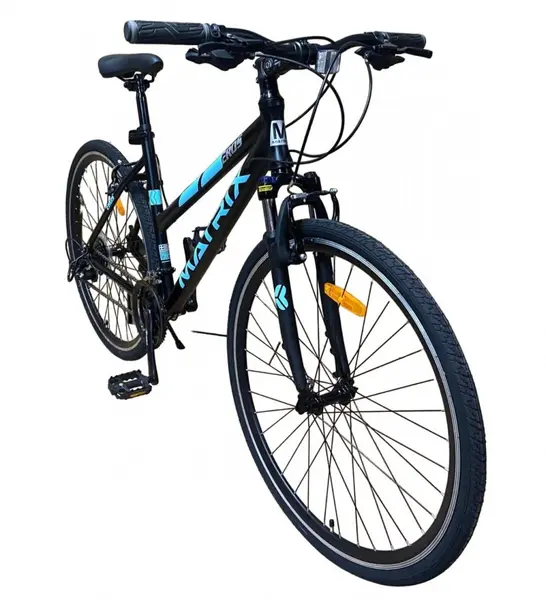 Bicicleta 700c hibrid 28 inch, munte, oras, 21 viteze shimano, v-brake, cadru aluminiu, suspensii pe furca, roti cu elemente reflectorizante, cric inclus