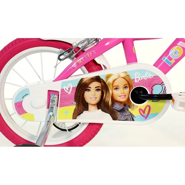 Bicicleta copii Dino Bikes Barbie 14 inch, varsta 4-7 ani si o inaltime cuprinsa intre 95-115 cm, frana de mana pe roata din fataspate, roti ajutatoare detasabile, scaun pentru papusa in spate