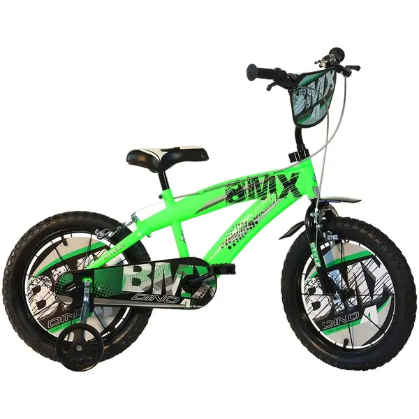 Bicicleta Copii Dino Bikes, BMX, 14 inch, roti ajutatoare, sistem frana, negru/verde KID909781, la doar 598,00 lei