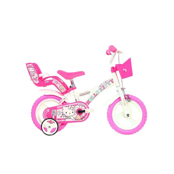 Bicicleta copii, Dino Bikes, Hello Kitty, Roti ajutatoare, Cosulet frontal, Scaunel pentru papusi, 12 inch, Cadru din otel, Pana la 110 cm, White