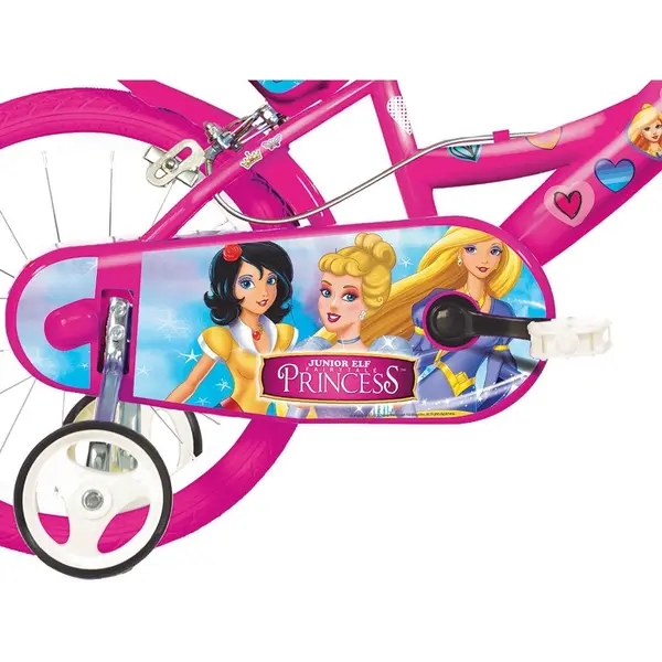 Bicicleta copii Dino Bikes Princess 14 inch, varsta 4-7 ani, inaltimea 95-115 cm, frana de mana pe roata din fataspate, cosulet fata si scaun pentru papusa in spate, pinion spate fix, roti ajutatoare detasabile