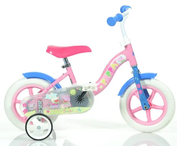Bicicleta copii Dino Bikes Purcelusa Peppa 10 inch, varsta 2-3 ani, inaltimea 78-107 cm, pinion fix, roti spuma EVA, roti ajutatoare, detasabile, scaun reglabil, greutate maxima suportata 30 kg