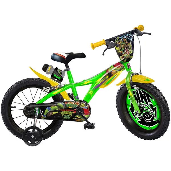 Bicicleta Copii Dino Bikes, Testoasele Ninja, 16 inch, sistem frana, verde/galben KID909507, la doar 645,00 lei