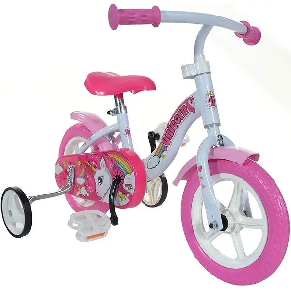 Bicicleta copii Dino Bikes Unicorn 10 inch, de la 3 ani, inaltimea 78-90 cm, roti spuma EVA, scaun ergonomic, roti ajutatoare detasabile