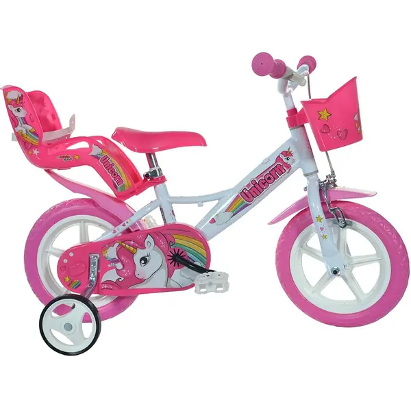 Bicicleta Copii Dino Bikes, Unicorn, 12 inch, roti ajutatoare, sistem frana, alb/roz KID904175, la doar 451,00 lei