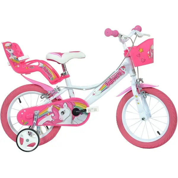 Bicicleta Copii Dino Bikes, Unicorn, 16 inch, roti ajutatoare, sistem frana, alb/roz KID904199, la doar 586,00 lei