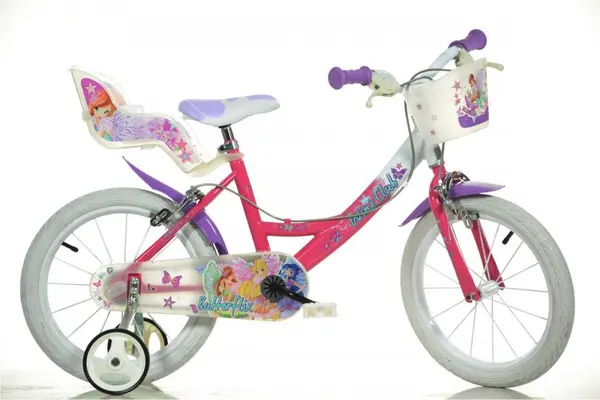 Bicicleta copii Dino Bikes Winx 16 inch, varsta 5-7 ani, inaltimea recomandata 107-125 cm, frana de mana pe ambele roti, cosulet cumparaturi si scaunel pentru papusa, cauciucuri gonflabile, roti ajutatoare