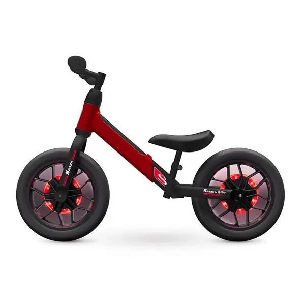 Bicicleta copii fara pedale Balance bike QPlay Spark Rosu 12 inch, de la 3 ani pana la 30 kg, iluminare LED la roti, ghidon ajustabil cu mansoane anti-alunecare, sa ajustabila pe inaltime, roti de cauciuc