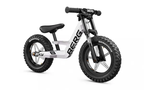 Bicicleta copii fara pedale Berg Biky Cross White 12 inch, cu frana de mana, anvelope pneumatice, scaun reglabil pe inaltime, varsta 2,5-5 ani, inaltime utilizator 90-120 cm, greutate maxima utilizator 30 kg