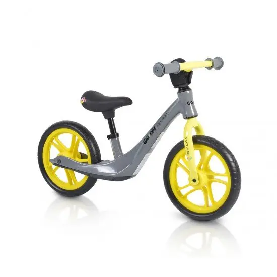 Bicicleta copii fara pedale Byox Go On grey 12 inch, roti din spuma EVA, scaun reglabil 32-41 cm, cadru din aliaj de magneziu, roti din spuma rezistenta, greutate maxima 30 kg