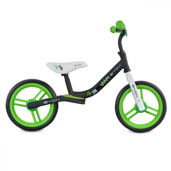 Bicicleta copii fara pedale Byox Zig-Zag Green 12 inch, roti din cauciuc EVA, scaun ajustabil pe inaltime de la 36 cm pana la 45 cm, de la 2 ani pana la greutatea maxima admisa de 20 kg