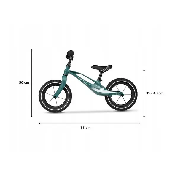 Bicicleta copii fara pedale Lionelo Bart Air green forest 12 inch, cu roti gonflabile, constructie din magneziu, greutate foarte mica, scaun si ghidon reglabile pe inaltime, greutate maxima suportata 30 kg