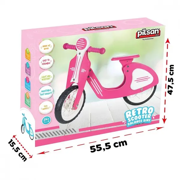 Bicicleta copii fara pedale Pilsan Retro Pink, scaun reglabil in 3 pozitii, sarcina maxima 30 kg, de la 2 ani, roti din cauciuc EVA