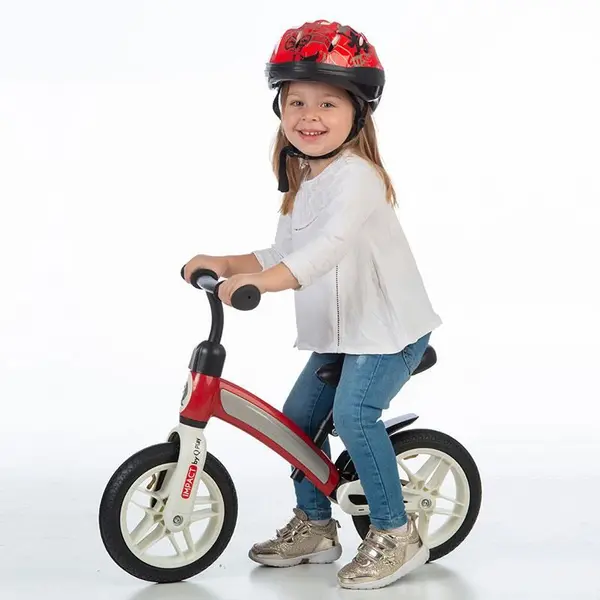 Bicicleta copii fara pedale Qplay Impact Rosu 10 inch, de la 2 ani pana la 30 kg, roti din spuma EVA, limitator de viraj, scaun reglabil pe inaltime, inaltimea recomandata 50-90 cm, greutatea maxima suportata 30 kg