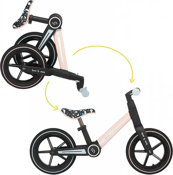 Bicicleta copii fara pedale Ronny Keep Pink Skiddou 12 inch, pliabila, scaun reglabil 35.5-40 cm, roata din fata are sistem de suspensii, roti spuma EVA+PU, ghidon reglabil pe 2 nivele, de la 2 ani
