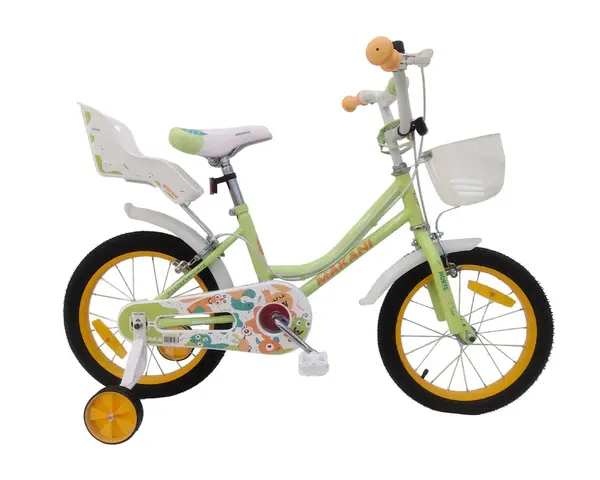 Bicicleta copii Makani Norte Green 16 inch, roti ajutatoare, cosulet frontal, frana de mana pe etrier spate si fata, scaun si ghidon ajustabile, portbagaj pentru papusi, claxon, de la 5 ani