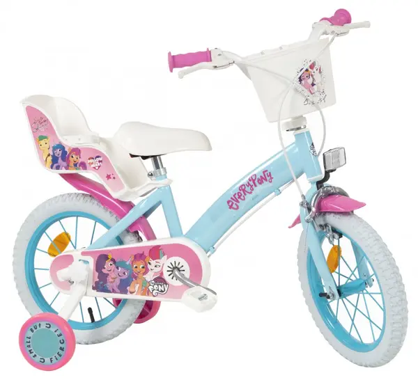 Bicicleta copii Toimsa My Little Pony 14 inch, varsta 4-6 ani, inaltimea 100-110 cm, cos frontal si scaun pentru papusi, frana de mana pe ambele roti, scaun reglabil, roti ajutatoare detasabile
