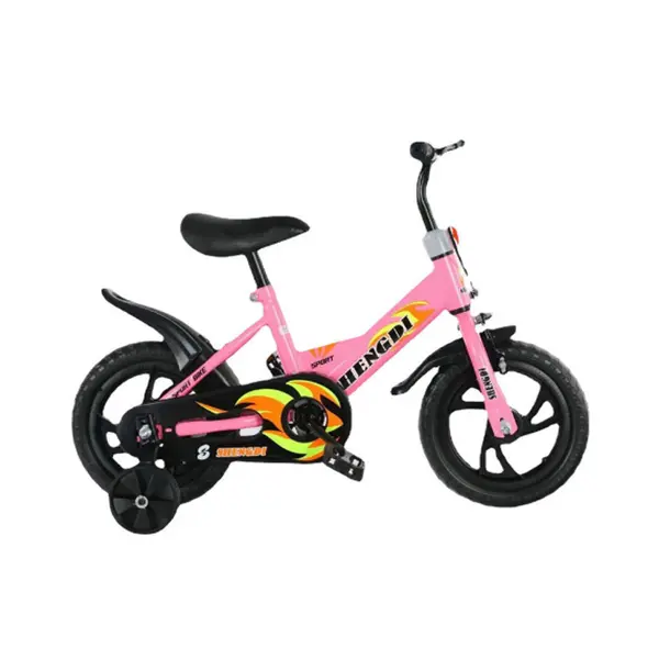 Bicicleta cu roti ajutatoare pentru copii intre 2 si 6 ani, Roz, Pedale si frane, ghidon si sezut reglabil, Roti de 12 inch, Aparatoare spate