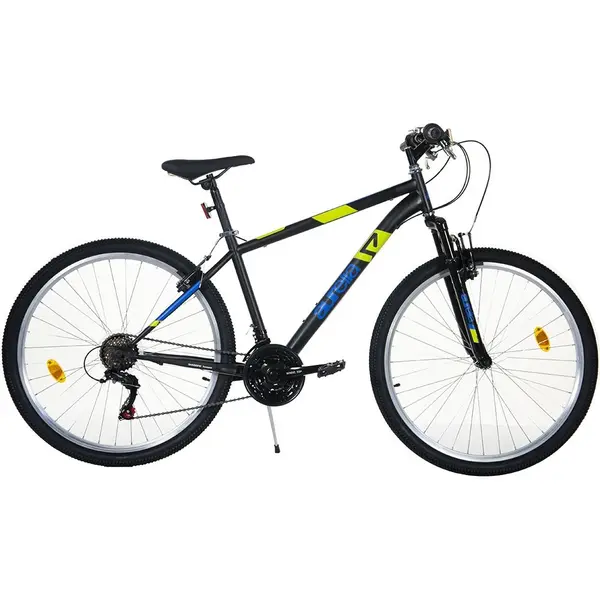 Bicicleta Dino Bikes 27.5 inch MTB Ring gri, pentru copii cu varsta de peste 12 ani si o inaltime de peste 160 cm, frana de mana pe roata fataspate, transmisie Shimano cu 18 viteze, suspensii la roata din fata