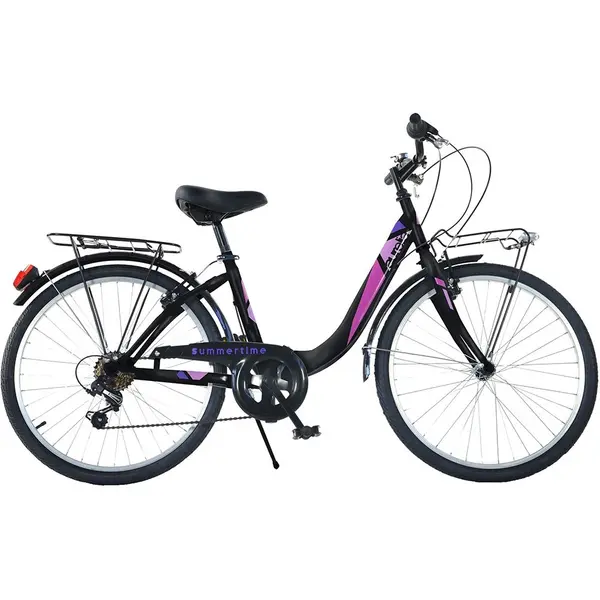 Bicicleta Dino Bikes City Summertime negru 26 inch, de la 11 ani, inaltime de peste 145 cm, frana de mana pe roata fataspate, portbagaj fataspate, transmisie Shimano cu 6 viteze, claxon si cric
