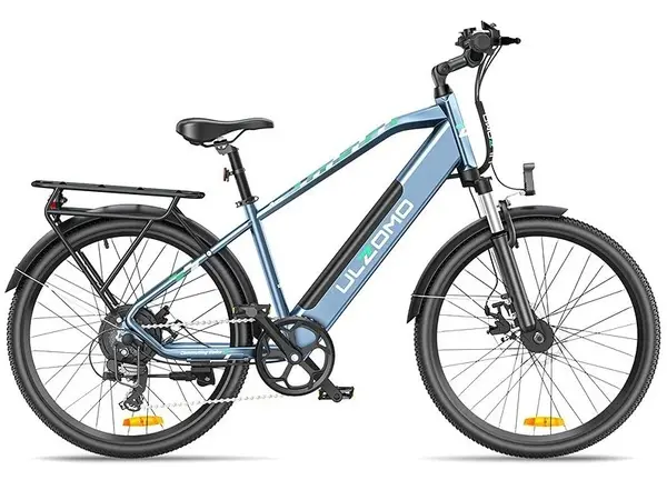 Bicicleta electrica Ulzomo ULZM26-BL, autonomie 100km, 250W, 36V 17Ah, 7 trepte viteza max. 25km/h, LDC, albastru, anvelope 26x1.95 inch