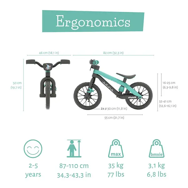 Bicicleta fara pedale Chillafish BMXie Vroom Mint, 12 inch, suport pentru picioare integrat, varsta 2-5 ani, scaun reglabil, anvelope EVA, greutate admisa 35 kg
