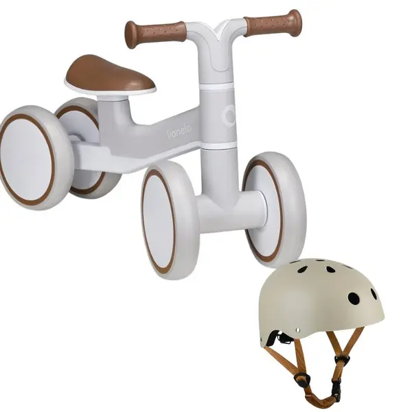 Bicicleta fara pedale, Lionelo, Villy, Cu 4 roti, Din spuma EVA si TPR, Stabila, Manere moi, antiderapante, 12- 36 luni, Sustine pana la 30 kg + Casca pentru copii, Reglabila 50-56 cm, Bej