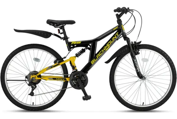 Bicicleta MTB Umit BLACKMOUNT, Full Suspension,V , 21 viteze, roata 26 , cadru otel, negru galben