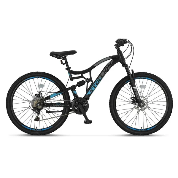 Bicicleta MTB Umit Stallion 2D, Full Suspension, SHM, 21 viteze, roata 29 , cadru otel, negru albastru